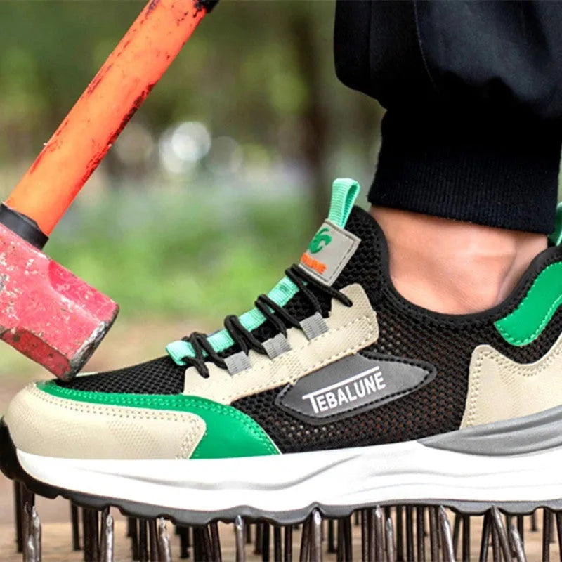Black and green low-top safety shoes with a mesh panel and plastic steel toe cap on a TPU sole.