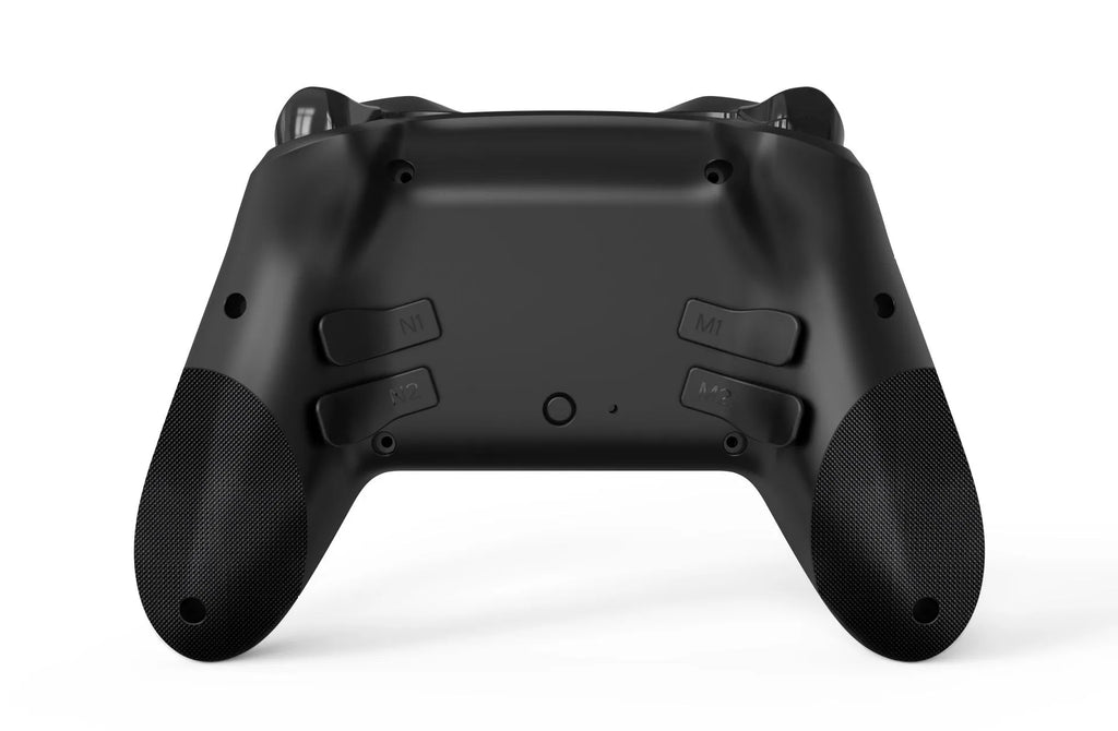 Black wireless game controller with leather-pattern texture on grips, showing analogue sticks and buttons.