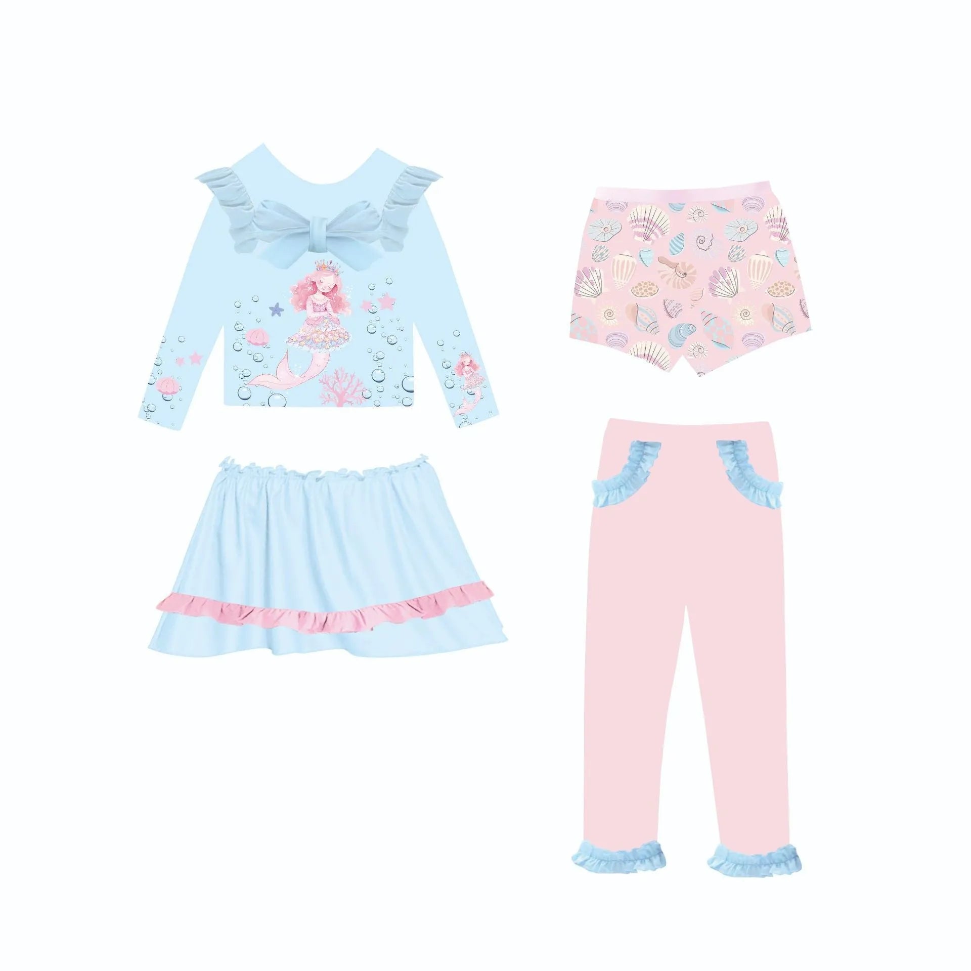 Girl's gilded mermaid swimsuit set with top, skirt, trousers, and shorts in polyester fabric