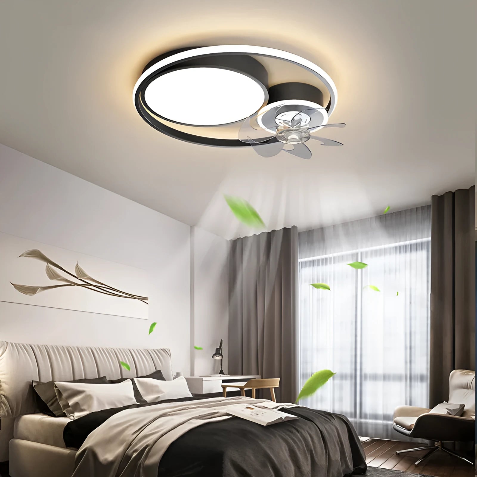 Nordic style ceiling fan light with metal blades and acrylic lampshade in 48cm size