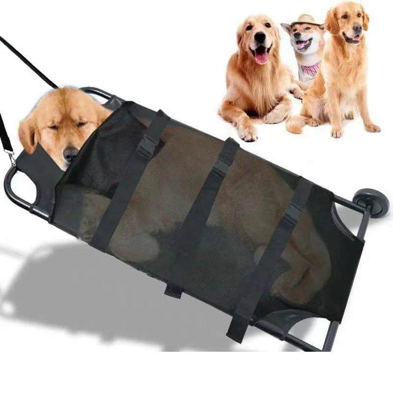 Black aluminium alloy foldable pet stretcher for large dog emergency rescue and transfer.