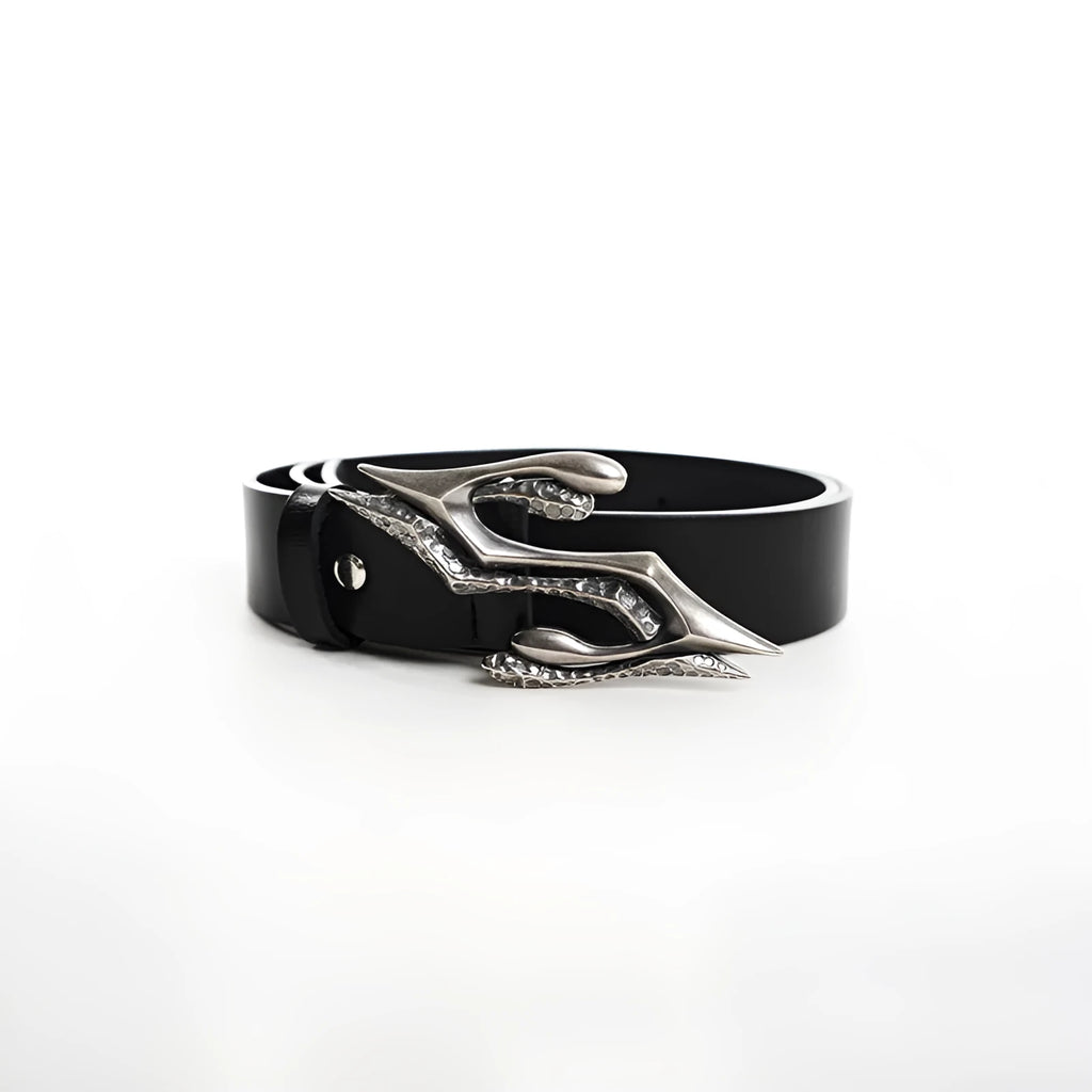 Black men's leather belt with a metal letter buckle, made from two-layer cowhide, laid flat to show its 110cm length.