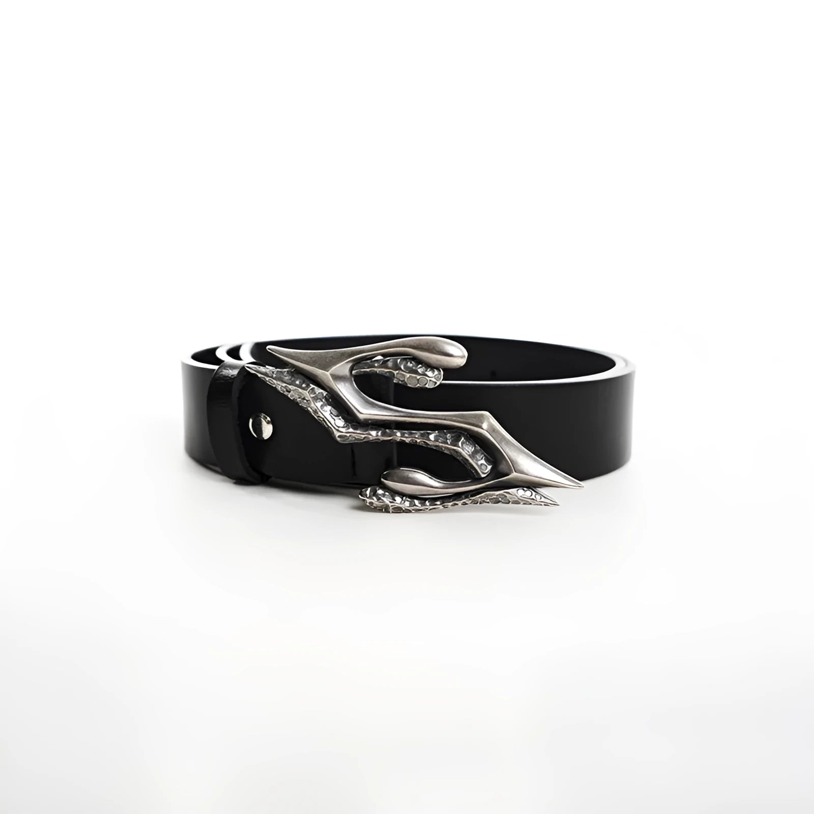 Black men's leather belt with a metal letter buckle, made from two-layer cowhide, laid flat to show its 110cm length.