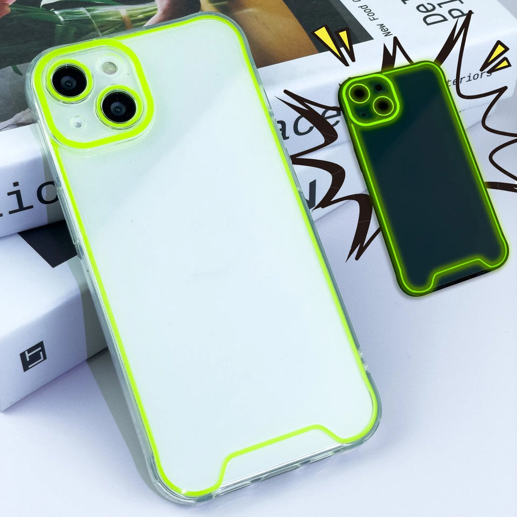 Glow in the dark soft TPU phone case for iPhone on a dark background, showing luminescent green colour.