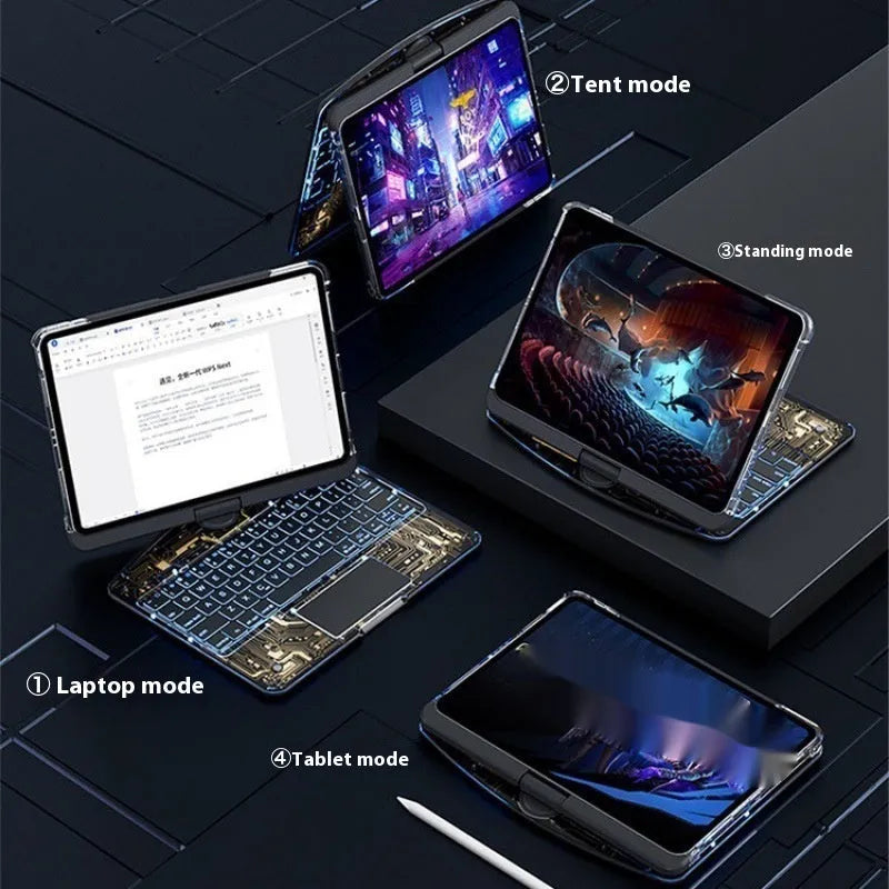 Transparent rotating wireless keyboard case for iPad Air 5 tablet showing 360-degree hinge mechanism