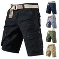 Men's army green cargo shorts with multiple pockets on a hanger