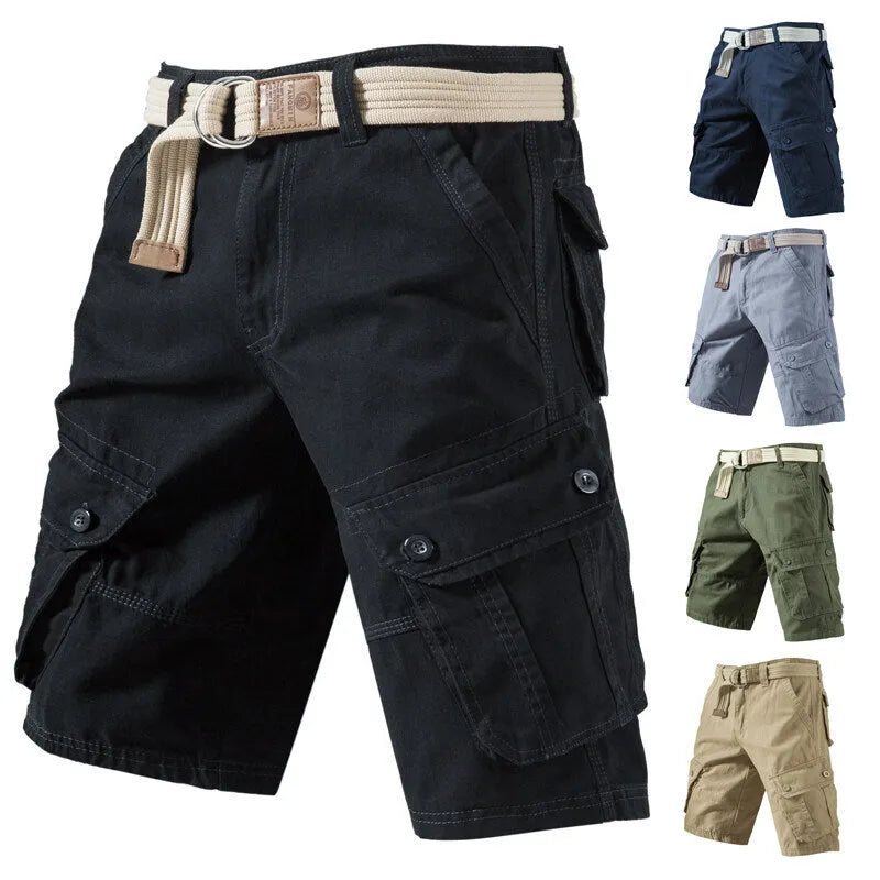 Men's army green cargo shorts with multiple pockets on a hanger