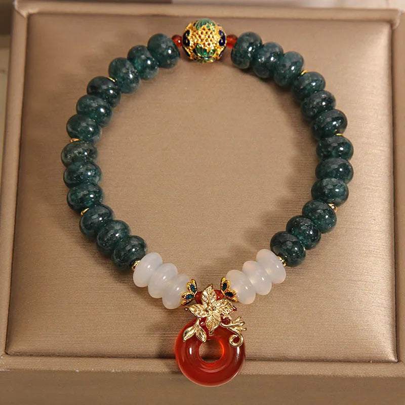 Blue water jade abacus bead bracelet with red agate peace buckle and crystal rhinestone elements
