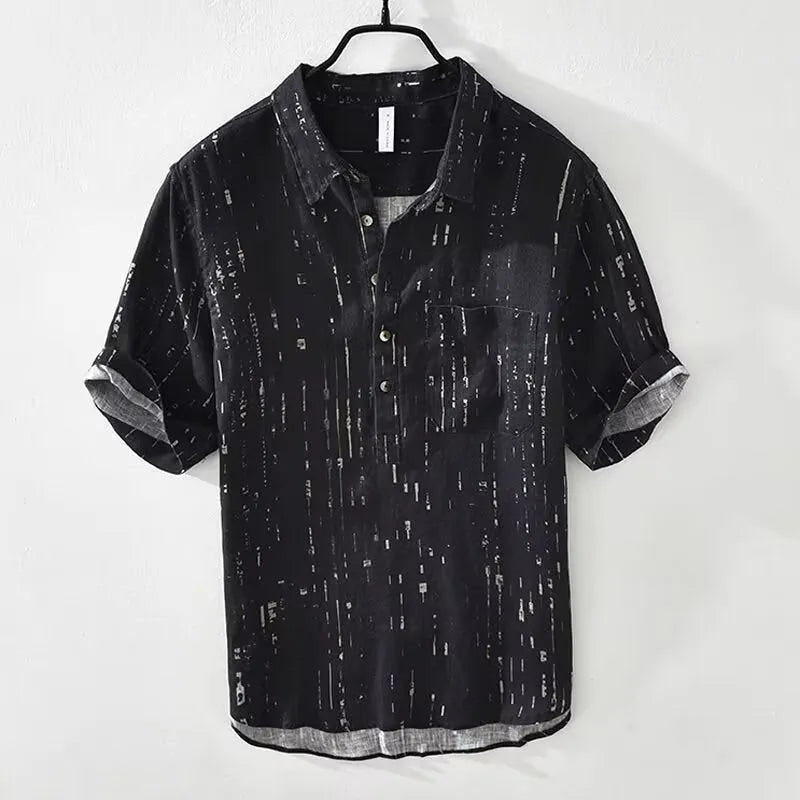 Men's loose fit black lapel polo shirt on a hanger, short sleeves, casual style.