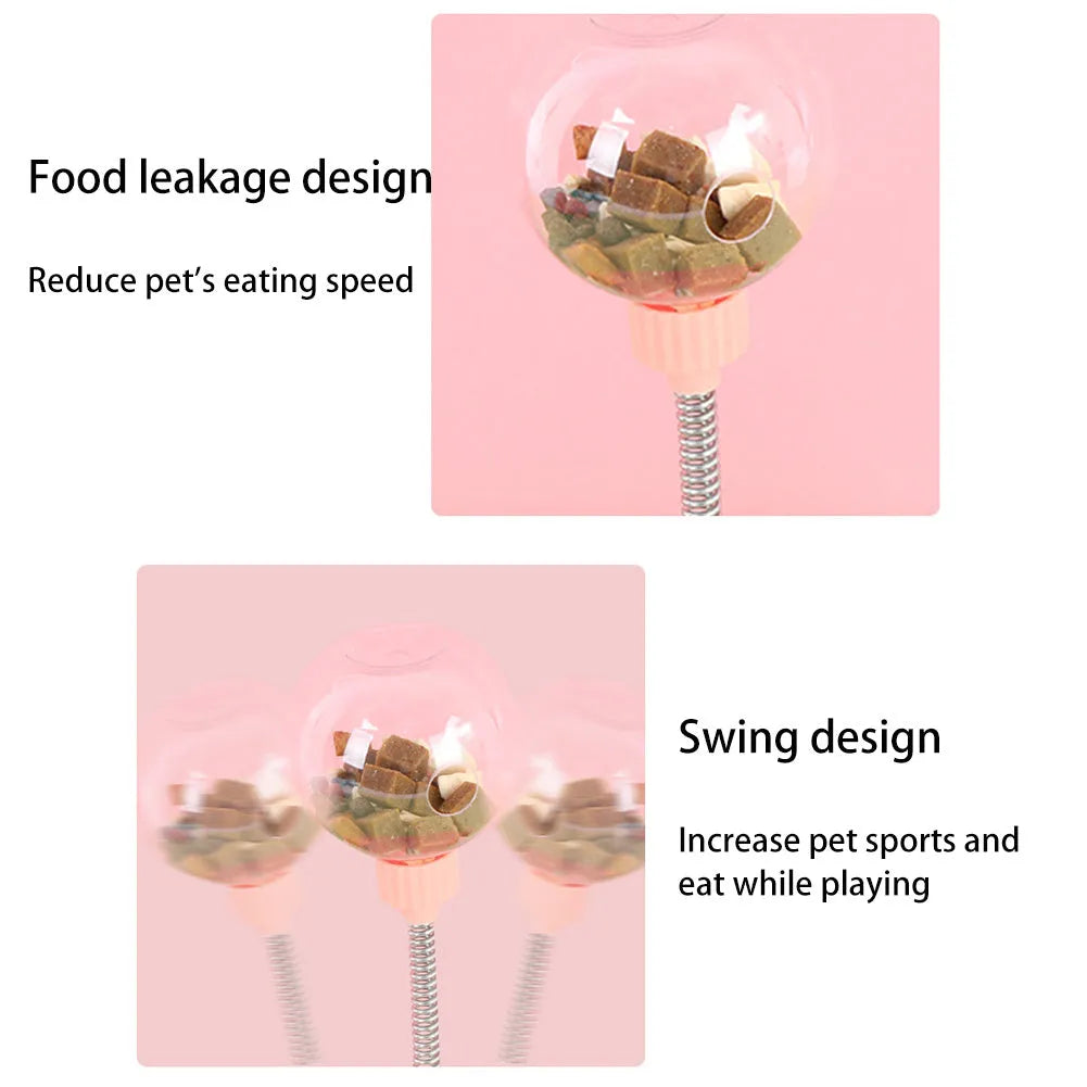 Plastic pet feeder toy with leaking food ball, swing tumbler body, suction cup base, Blue or Pink