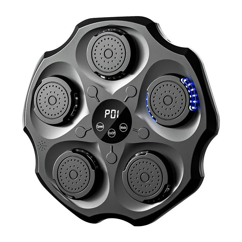 Black Bluetooth music boxing wall target hanging on a wall with included boxing gloves.