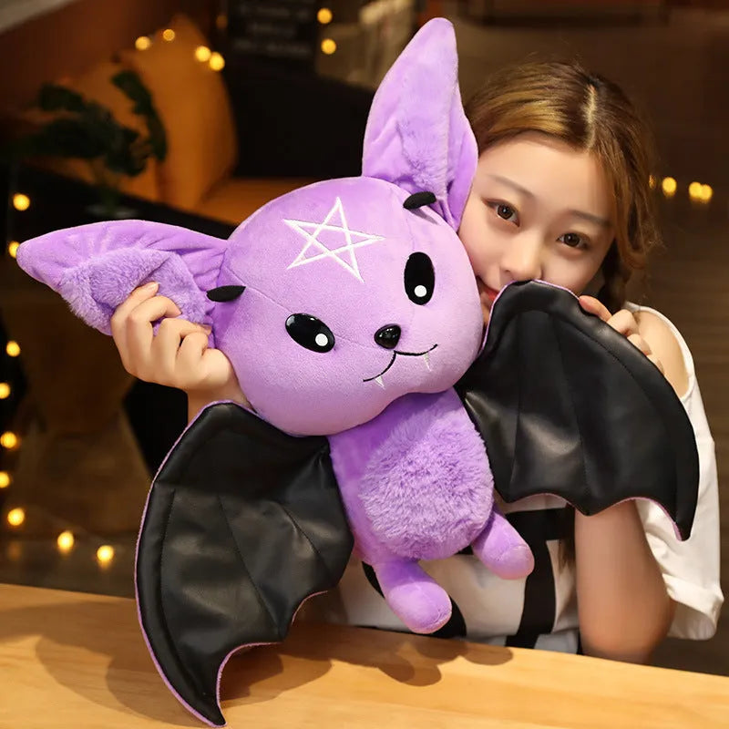 Purple and black short plush bat toys with PP cotton filling, 30cm and 45cm sizes, on a light background