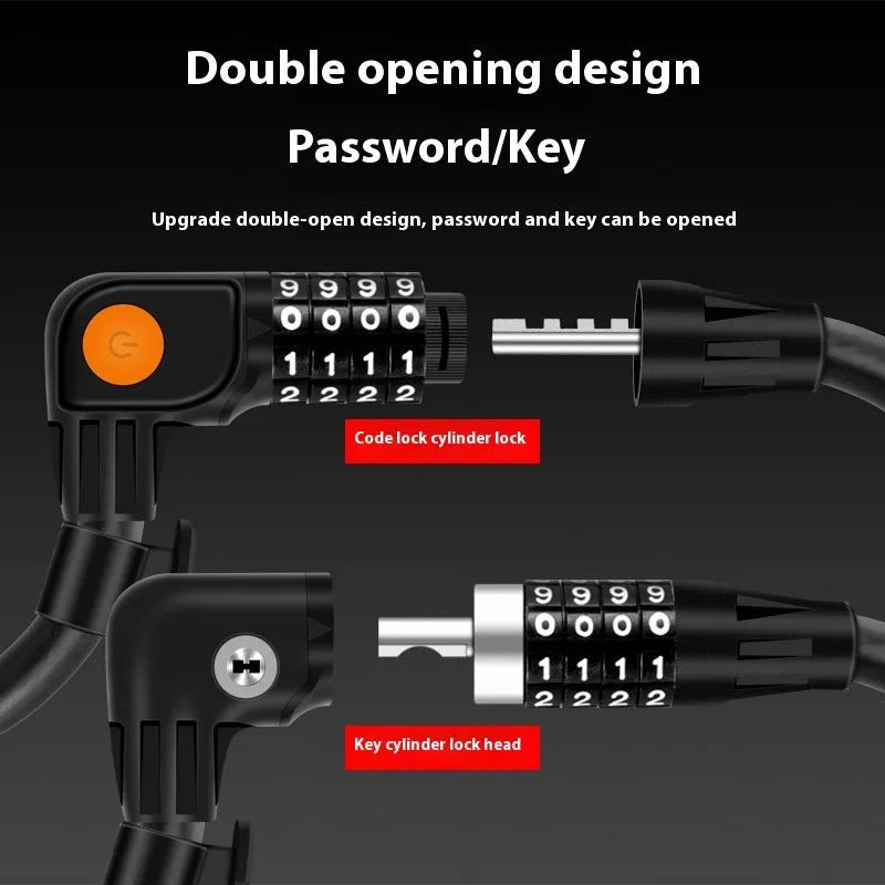 Black and orange 100cm steel cable password bicycle lock with double open mechanism