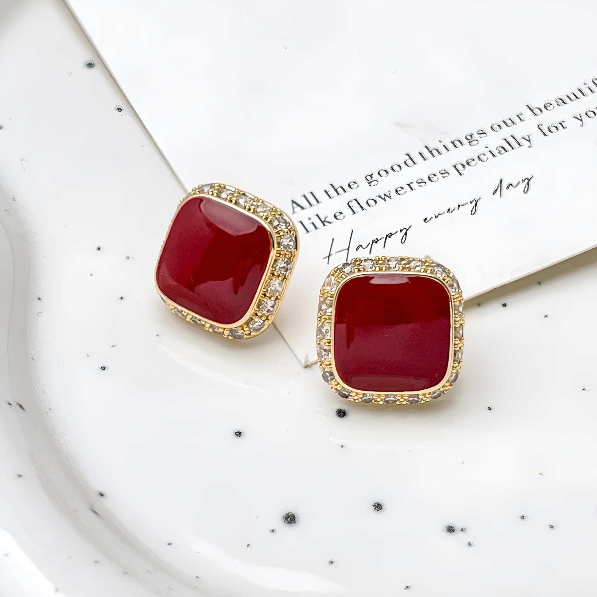 Red geometric square alloy earrings with clip-on fastening and embedded square design elements