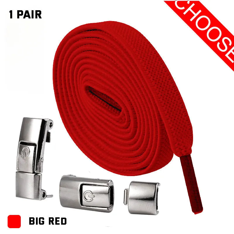 Set of press lock elastic no-tie shoelaces in 8mm widened flat design on a white background.
