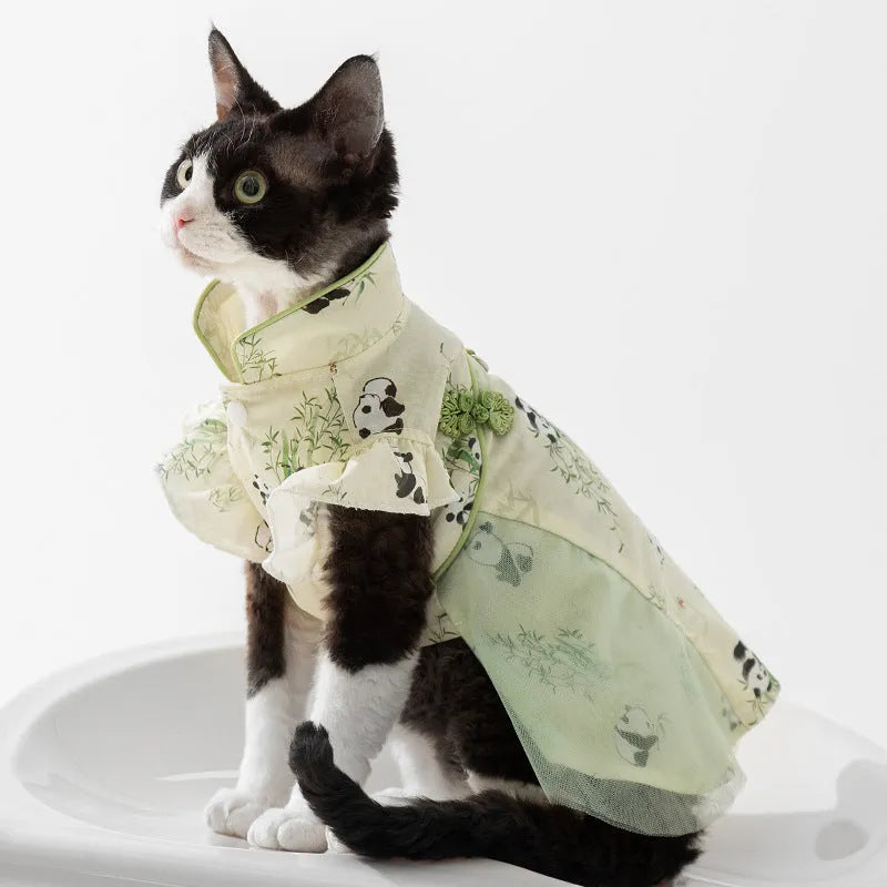 Chinese style panda bamboo leaf woven fabric cat skirt on a cat, buckle vest design
