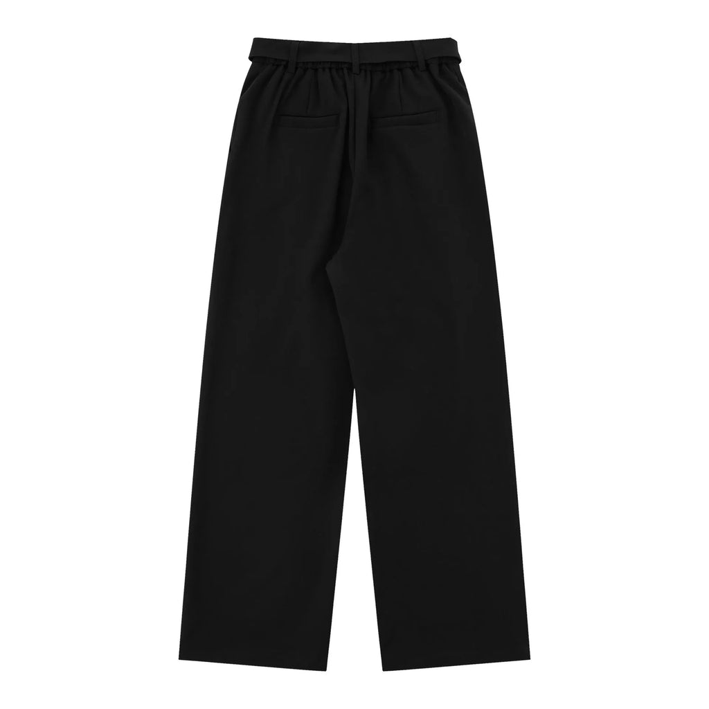 Black loose high waist wide-legged straight-leg trousers on a hanger.