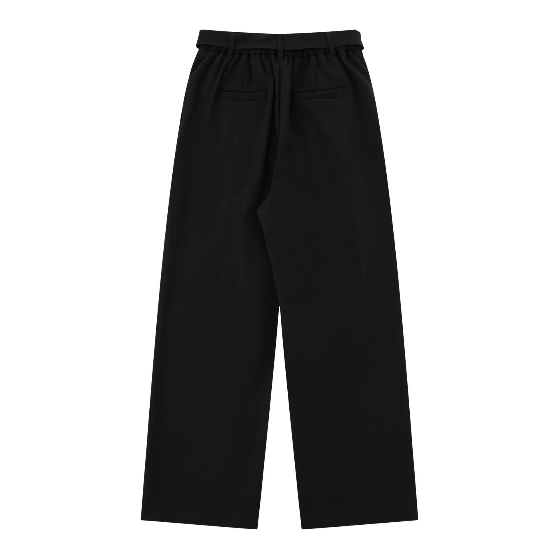 Black loose high waist wide-legged straight-leg trousers on a hanger.