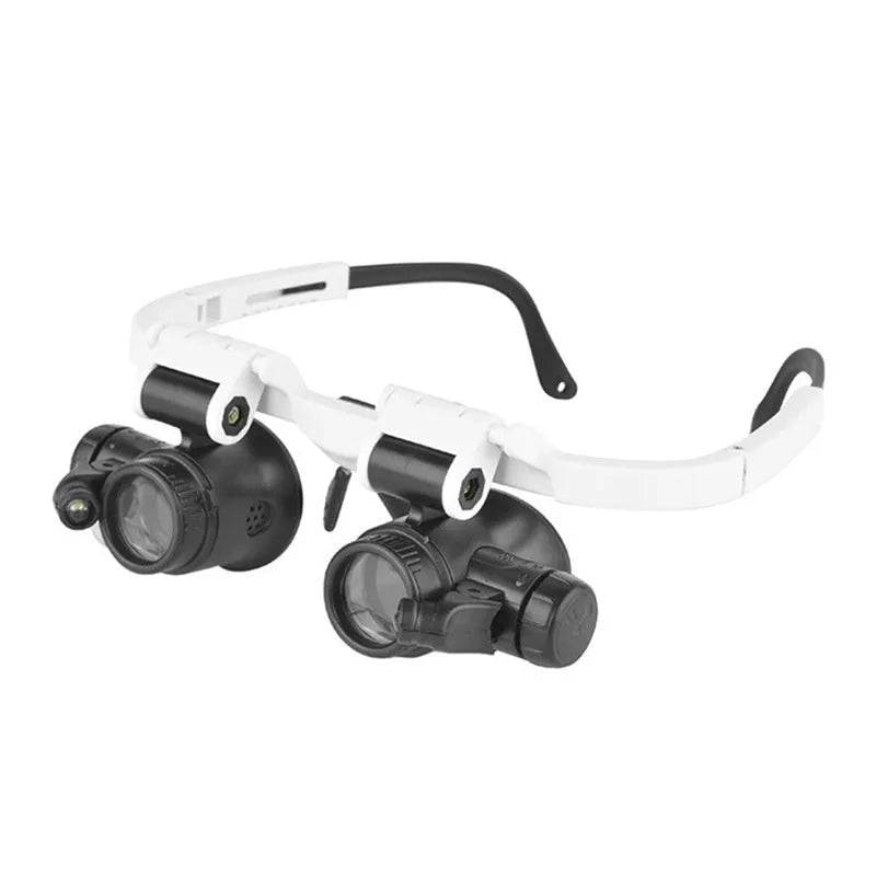 White foldable head-mounted magnifying glass with LED light for close-up repair work.