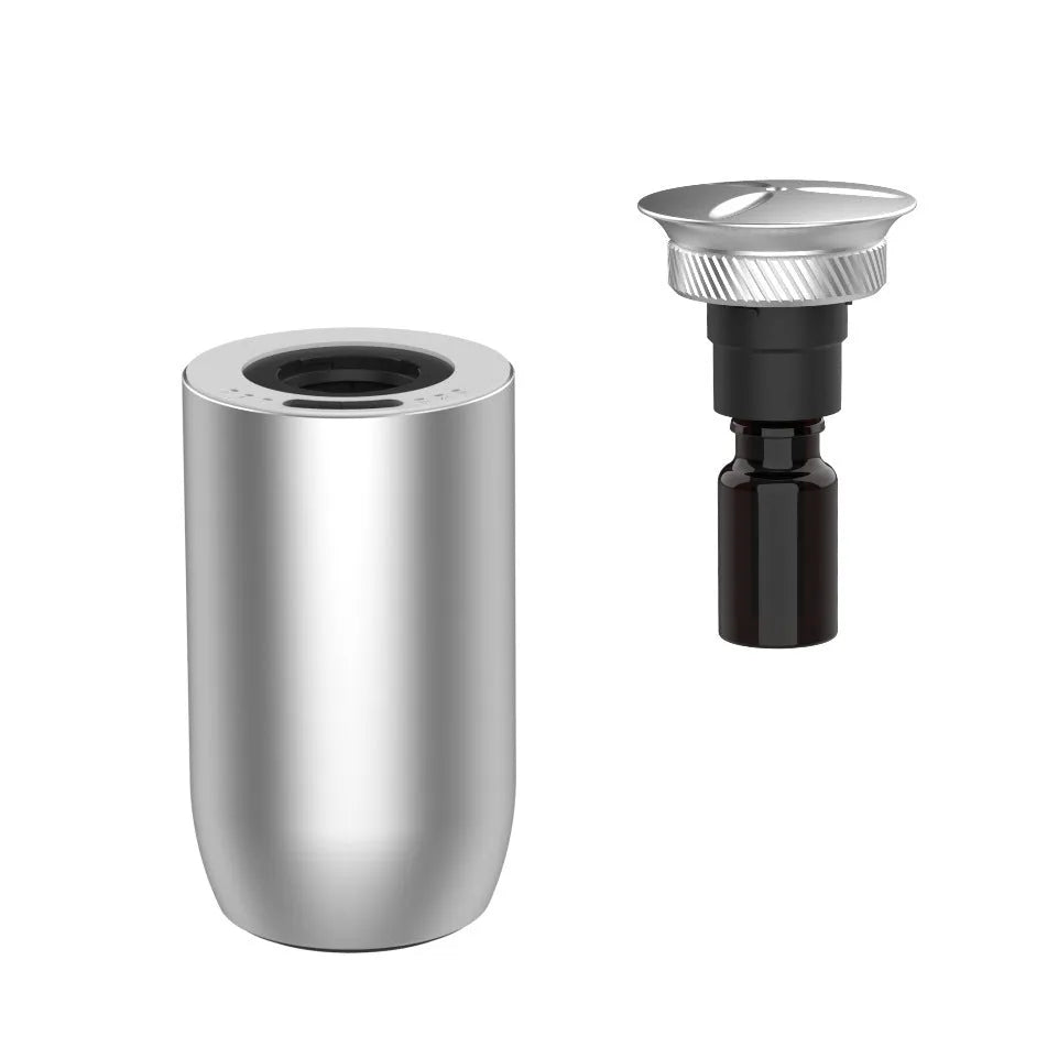 Portable car aroma diffuser in column shape with metal construction and touch button controls