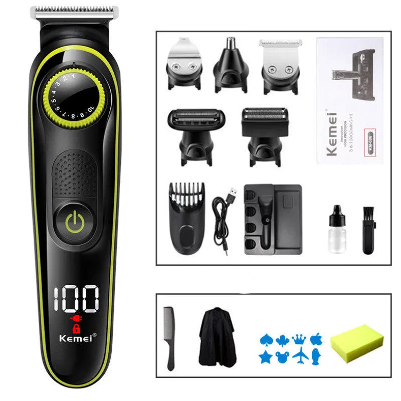 Black household electric hair clipper set with stainless steel blades and USB charging cable.