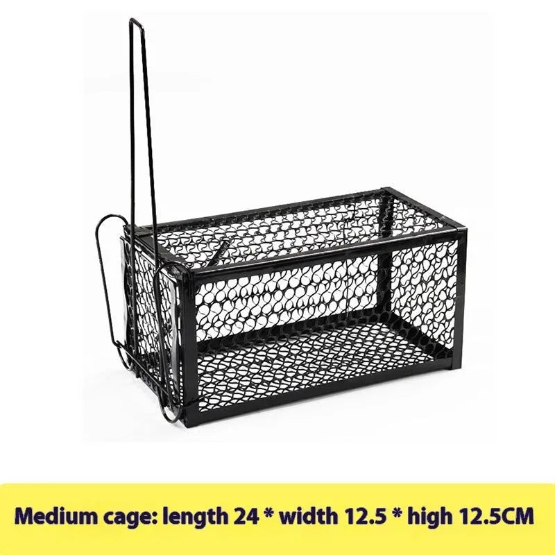 Automatic reset mouse cage trap in plastic and iron designs, shown in small, medium, and large sizes.