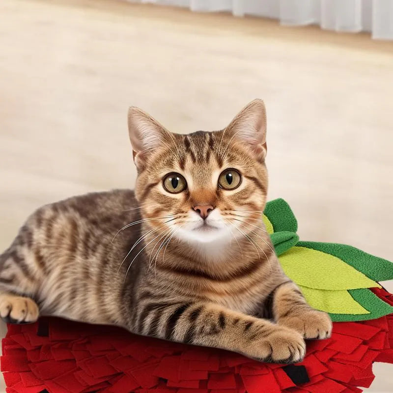 Red and green strawberry-shaped pet snuffle mat with hiding spots for interactive feeding