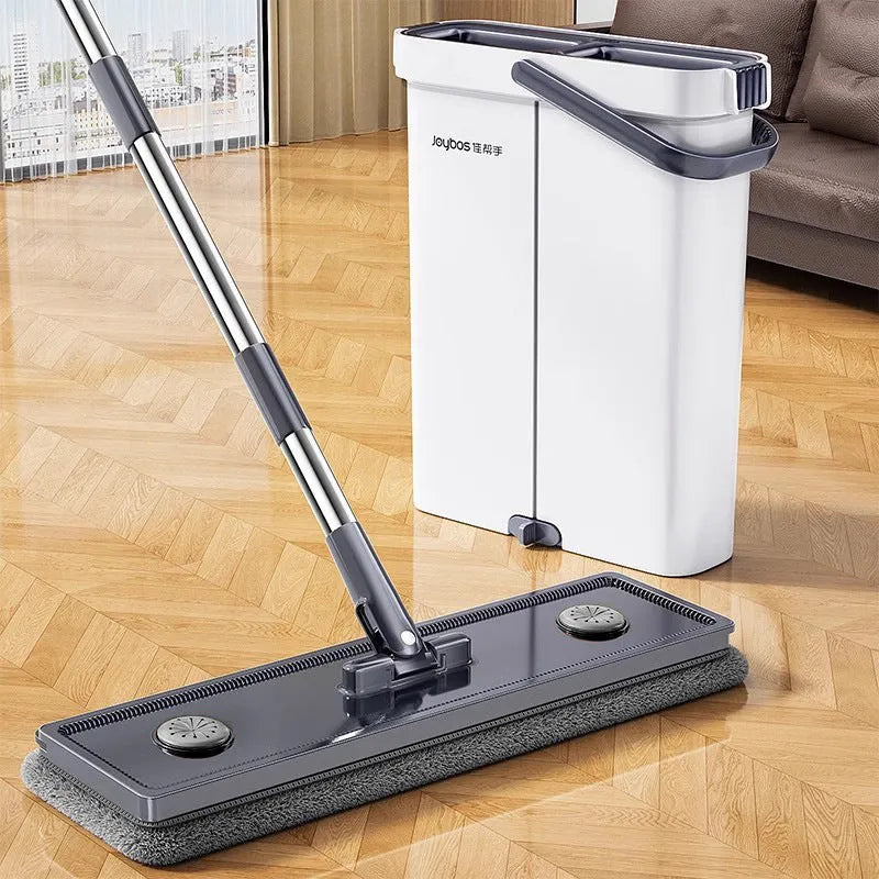 Flat floor mop with squeeze separation bucket, steel lengthening bar, and two raw cloths in 33cm or 40cm width