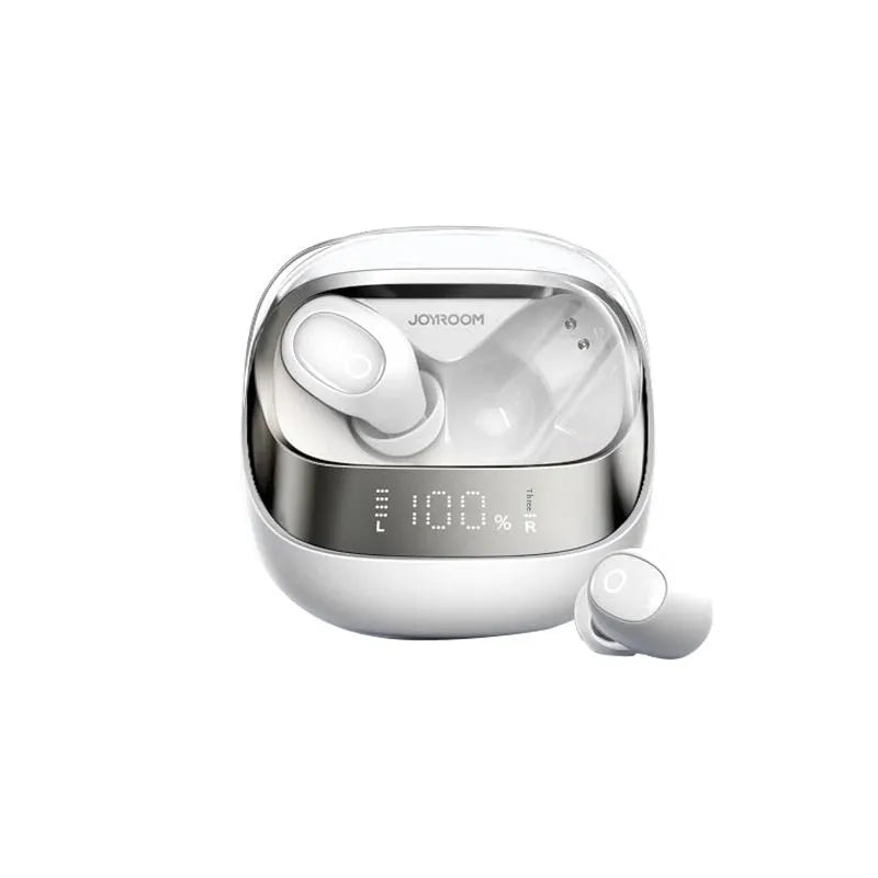 Beige wireless in-ear Bluetooth headphones and charging case on a table with a USB Type-C cable.