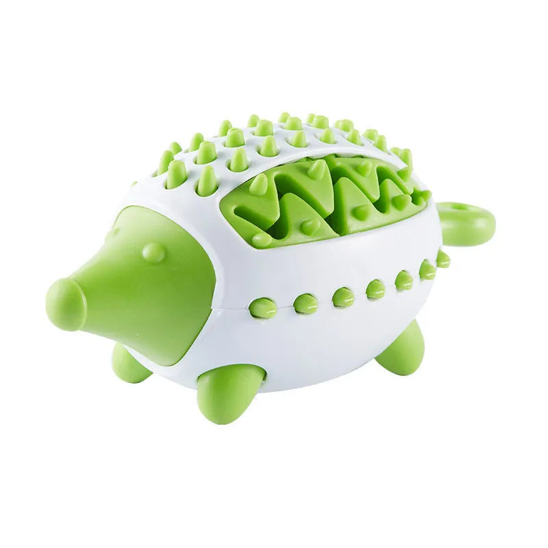Blue wear-resistant treat dispensing dog toy with squeaky ball on white background