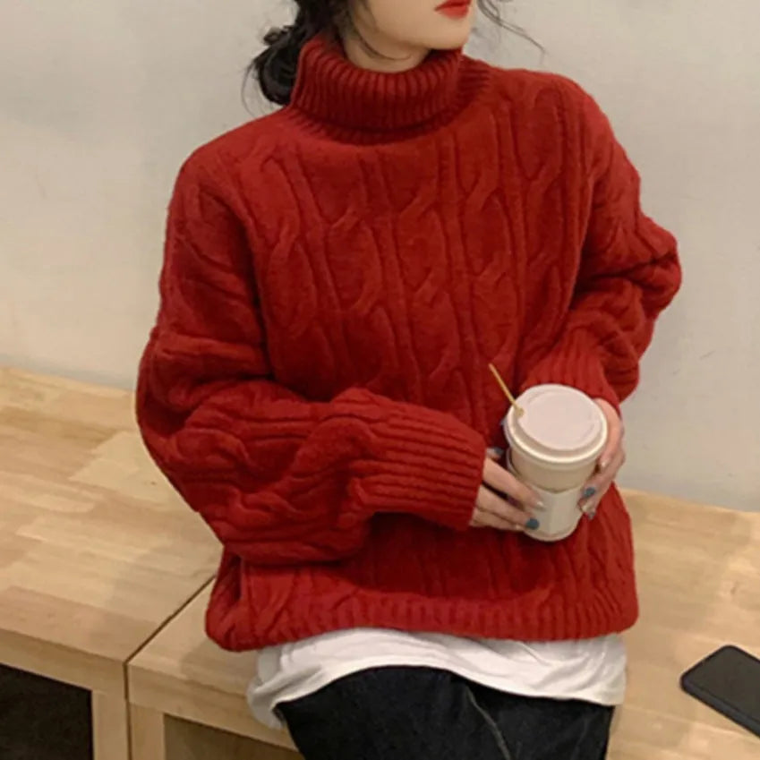 Twisted high-neck women's sweater in loose pullover style with long sleeves, polyester fabric, one size, seven colours available