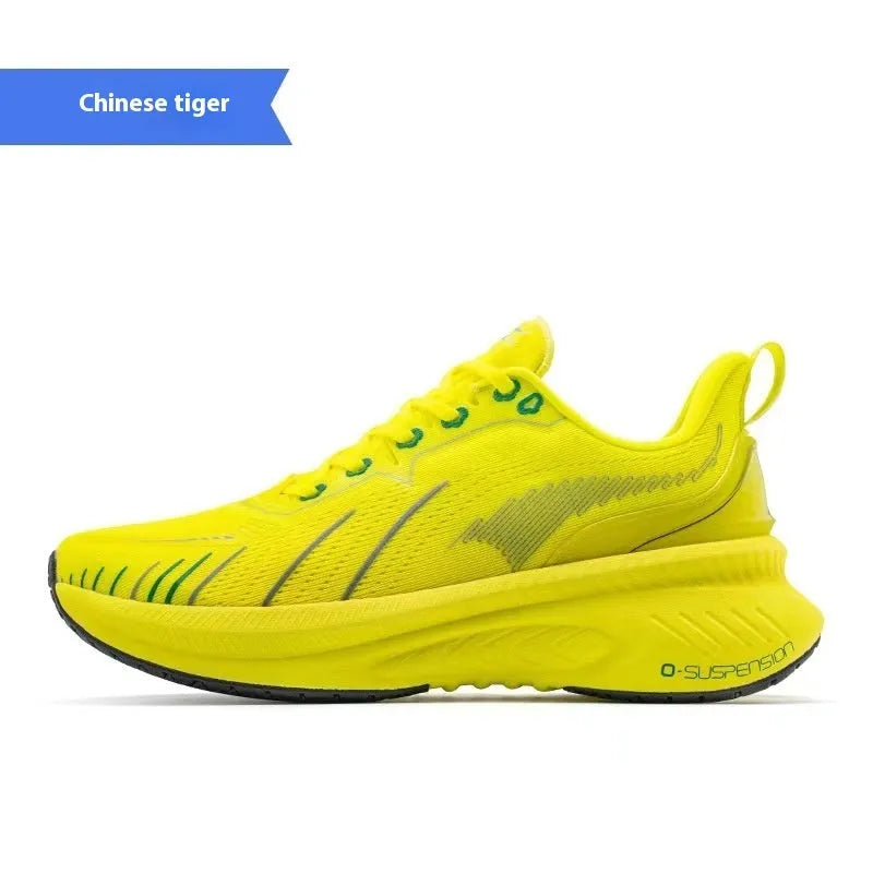 Men's low-top running shoes in assorted colours with PU mesh upper and rubber sole.