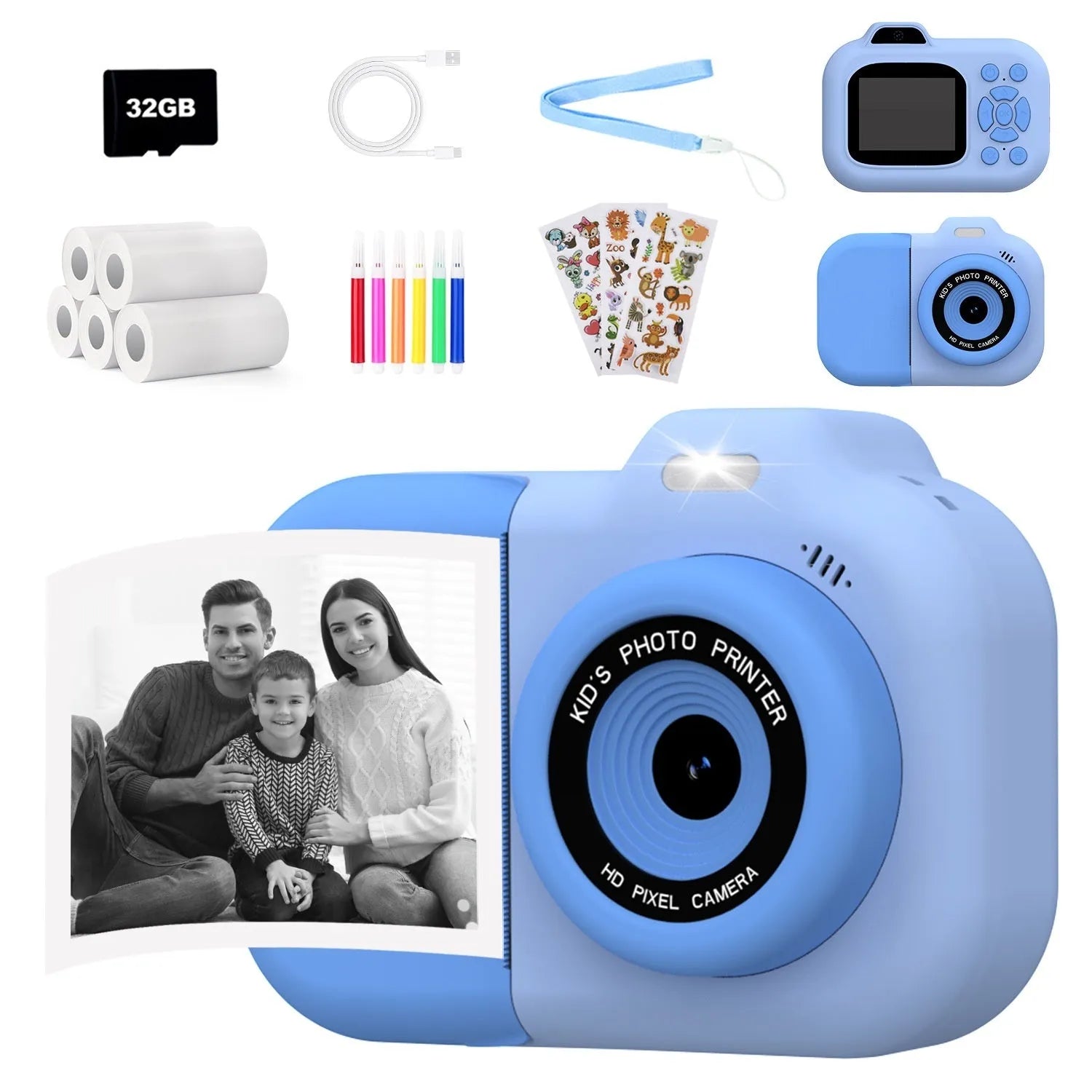 Children's camera in blue, pink, or purple with video recording, photography, games, and MP3 functions