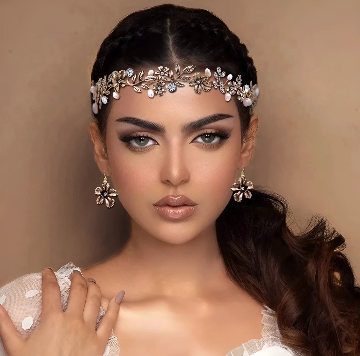 Alloy wave shape hair hoop with checker pattern and white organza ribbon, plus matching earrings set
