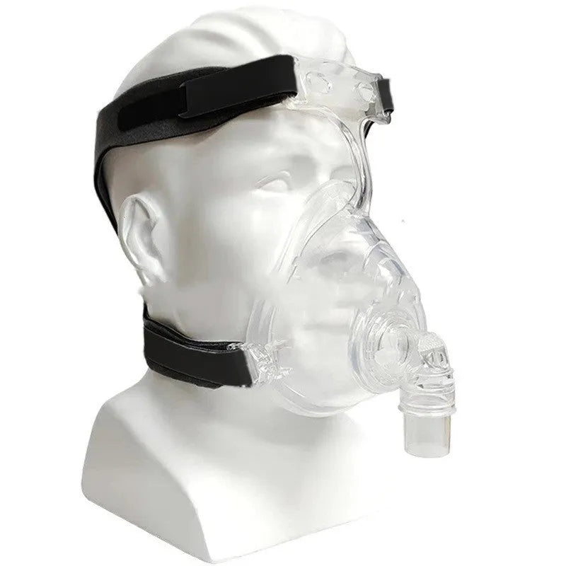 Transparent CPAP breathing mask with silicone cushion, PC frame, headgear, and adapter elbows