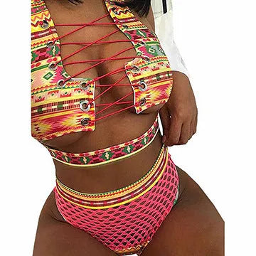 Women's checkered cross strap high waist bikini for swimming