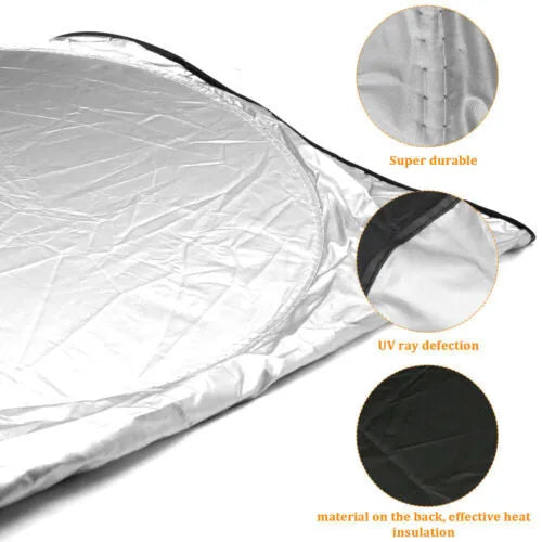 Silver car windshield sunshade in reflective metallic polyester and nylon, 150x70cm flat size
