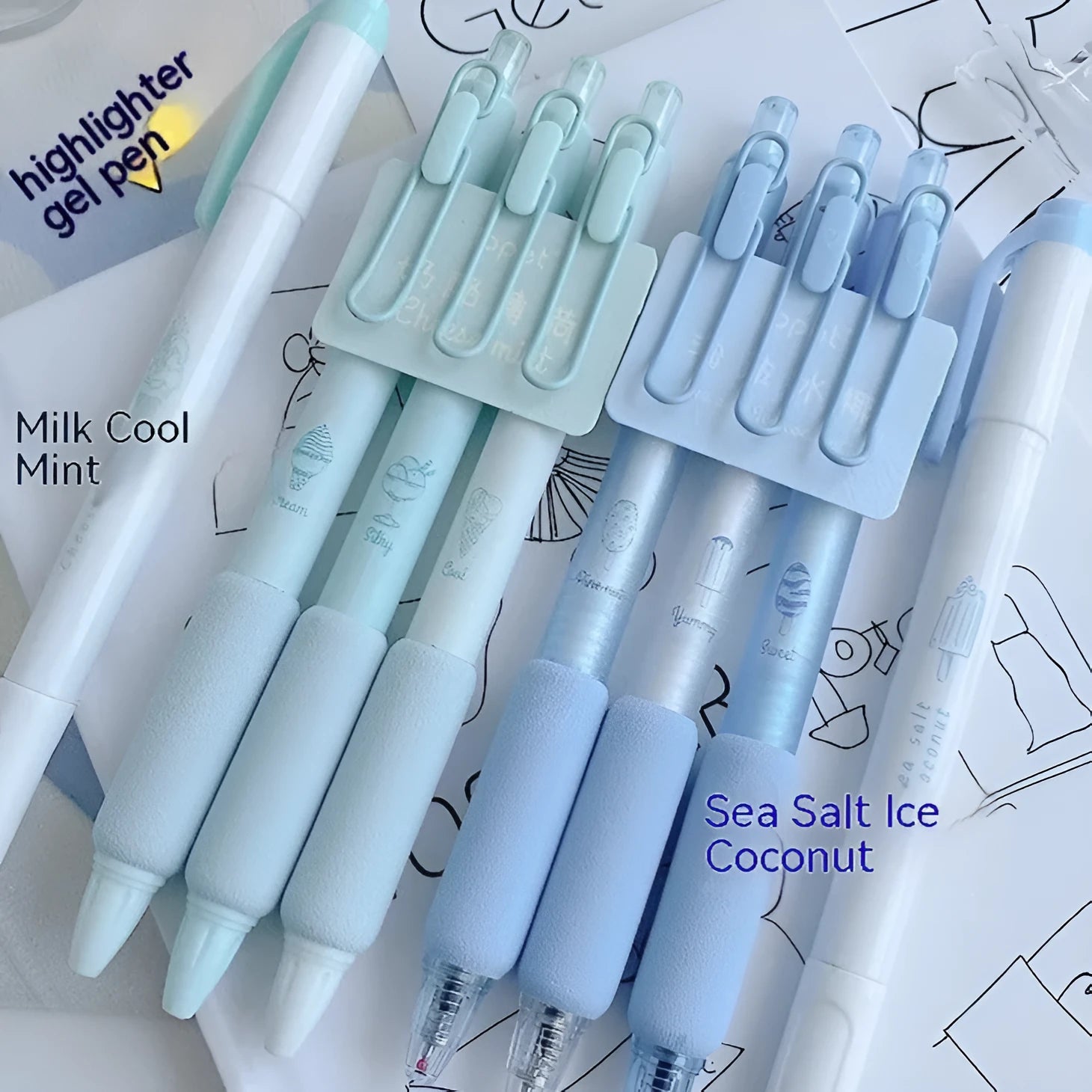Double-headed fluorescent neutral pen with 0.5 mm tip and Cheese Mint, Sea Salt Ice Cup colours.