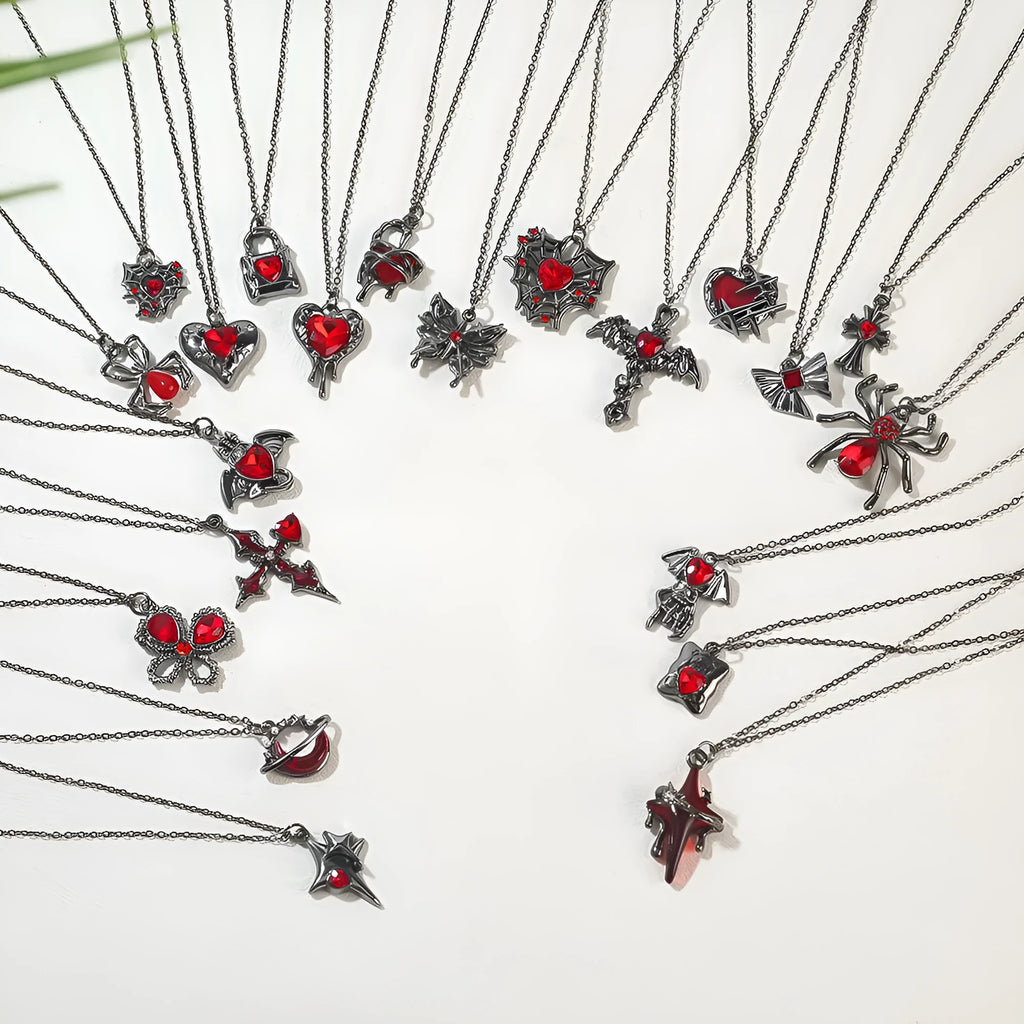 Gothic zinc alloy necklace with electroplated bat and spider pendant designs for Halloween.