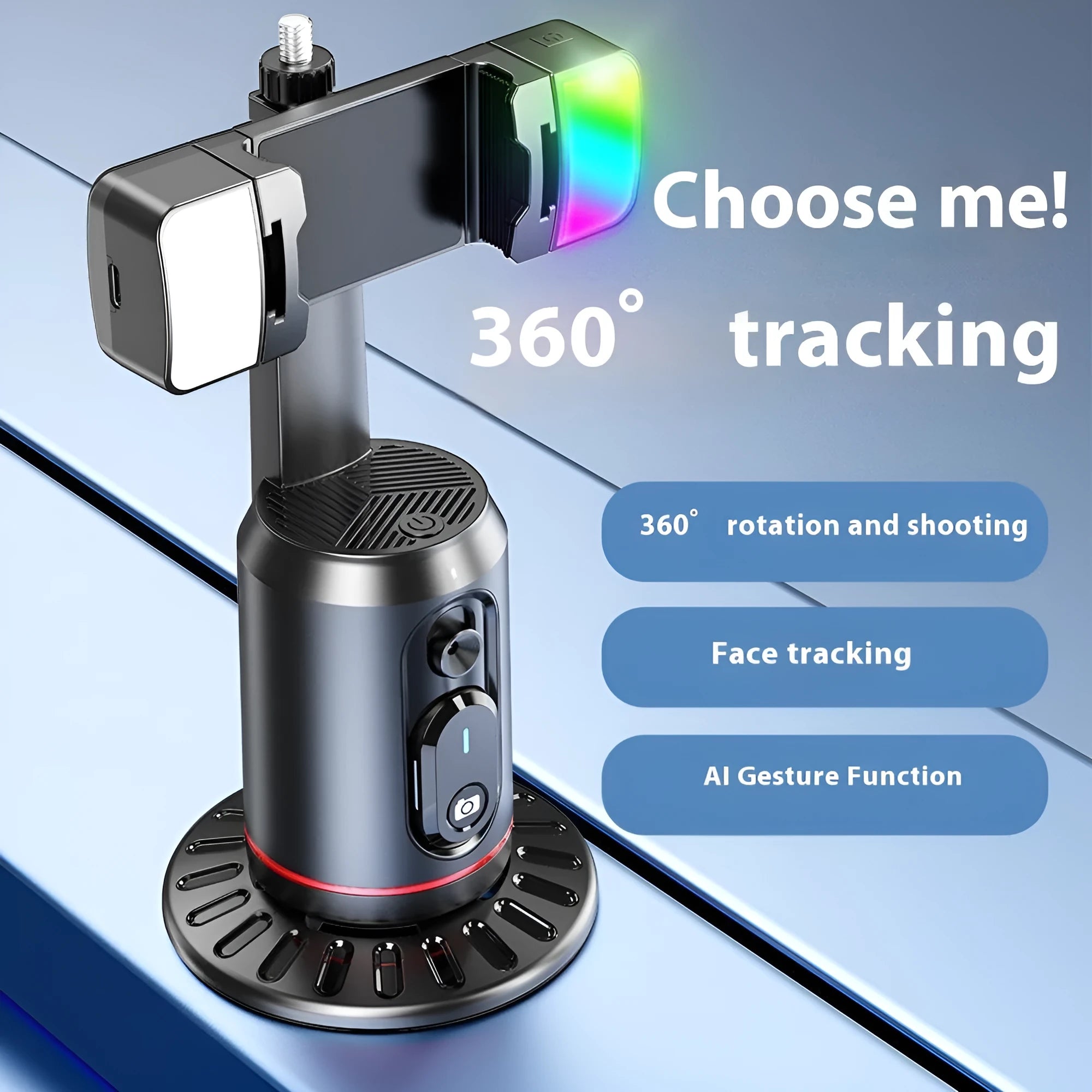 Smart AI face recognition selfie holder with 360 degree rotation and Bluetooth remote control for mobile live streaming