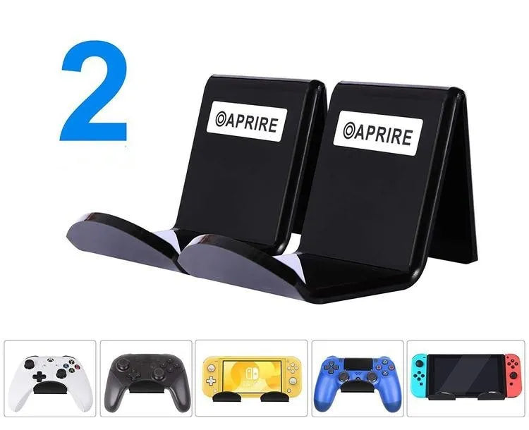Universal black game controller wall bracket mounted on a wall holding a PlayStation controller.