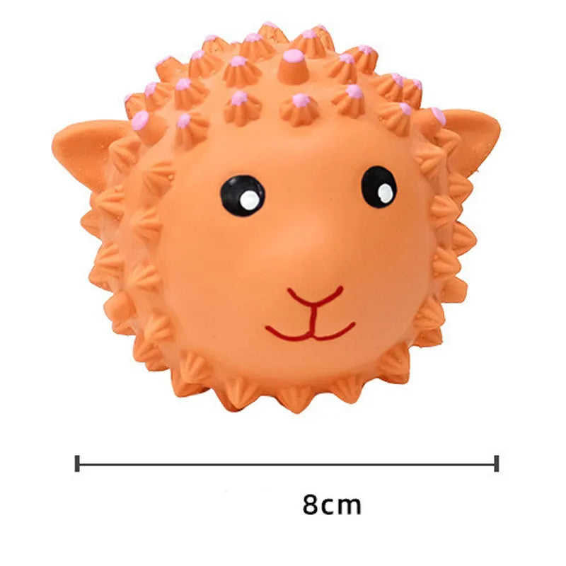 Two spiky squeaky latex dog toys, lamb and monkey designs, on a plain background.