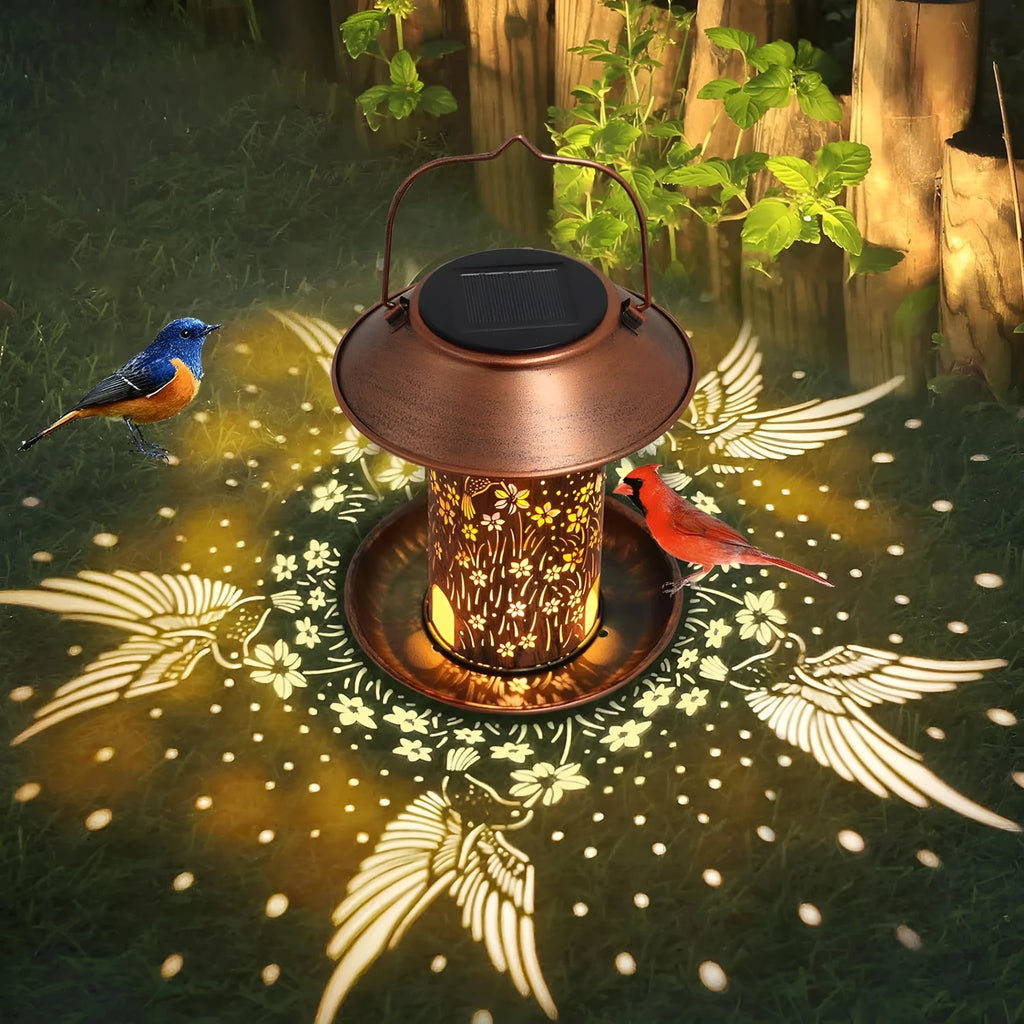 Solar-powered iron art bird feeder lamp with hummingbird pattern design for outdoor garden use