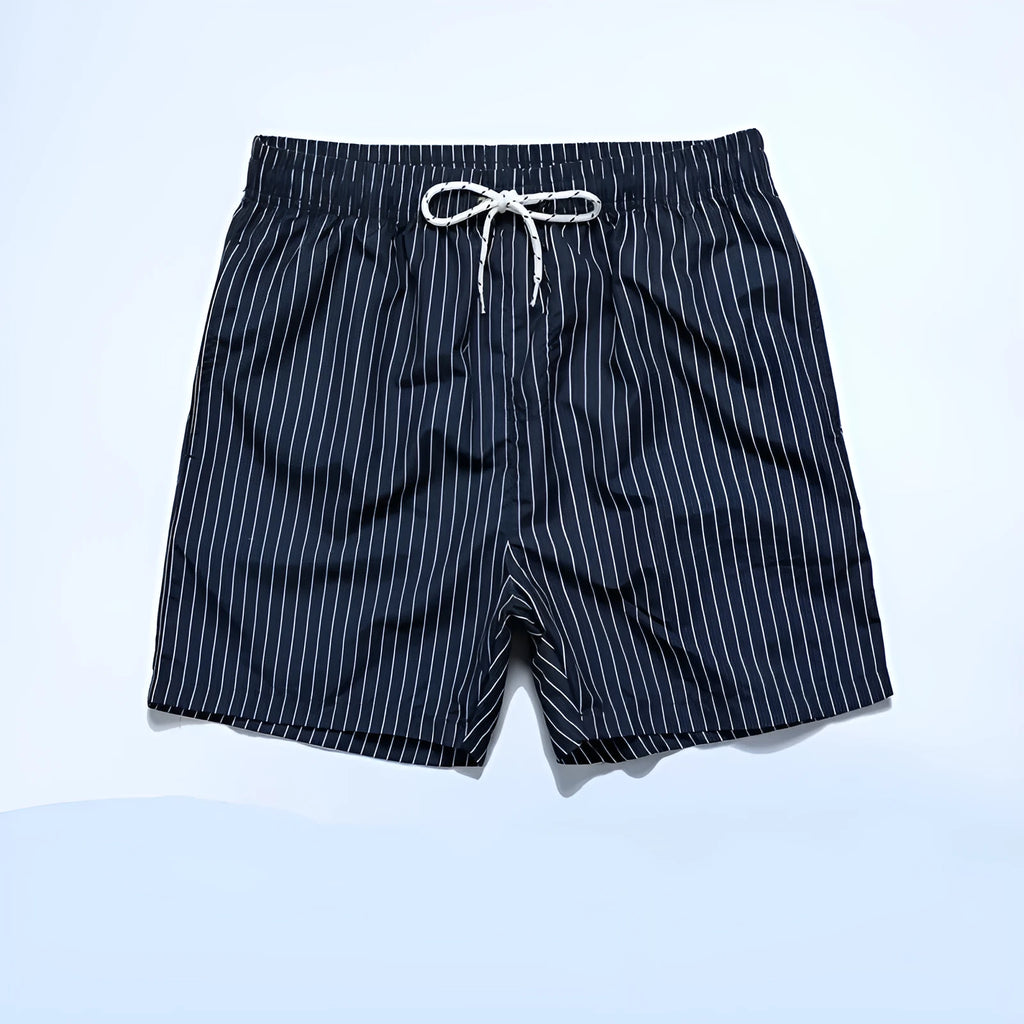 Striped polyester fibre beach shorts with triangle lining in navy blue, straight leg design