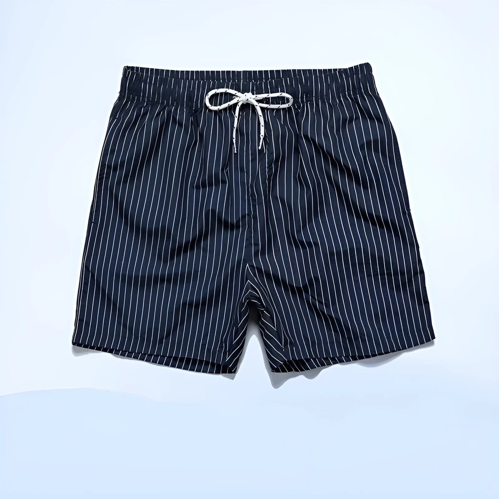 Striped polyester fibre beach shorts with triangle lining in navy blue, straight leg design