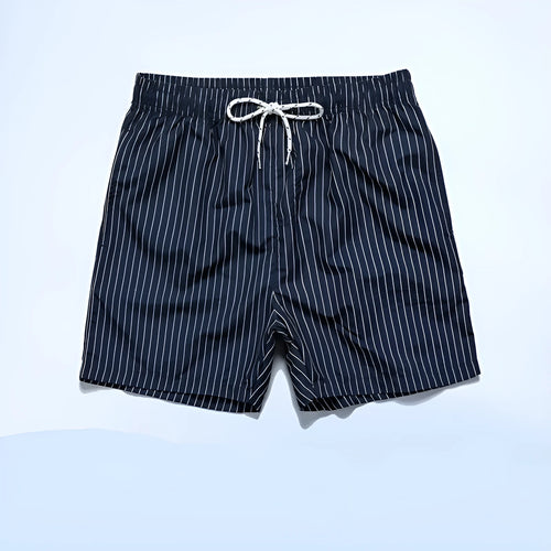 Striped polyester fibre beach shorts with triangle lining in navy blue, straight leg design