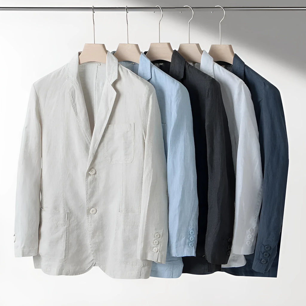 Men's linen suit jacket in casual style with long sleeves and loose fit