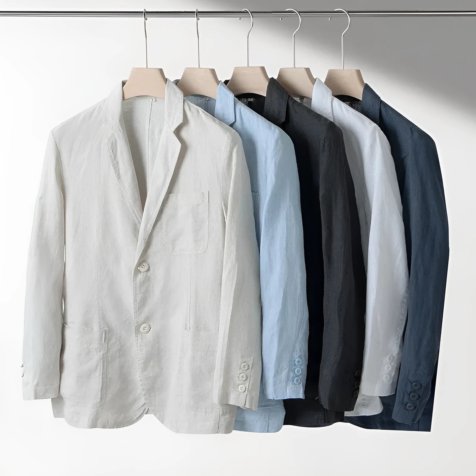 Men's linen suit jacket in casual style with long sleeves and loose fit