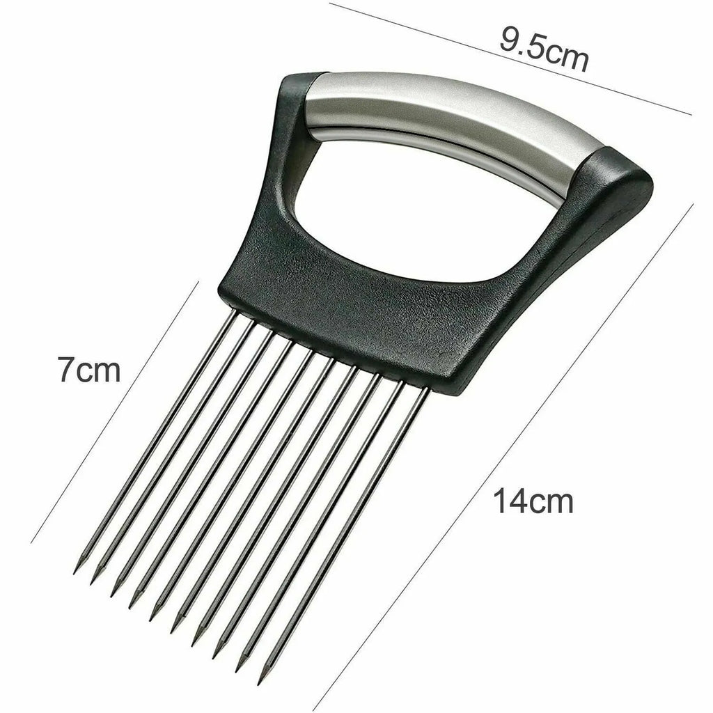 Stainless steel onion and tomato holder slicer with ABS handle on a kitchen worktop.