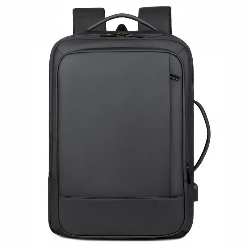 Black waterproof Oxford cloth backpack with curved shoulder strap showing 20-35L capacity for business travel